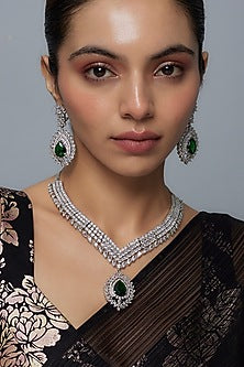 White Finish Zircon & Emerald Stone Long Necklace Set