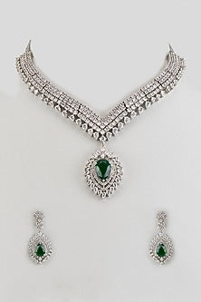 White Finish Zircon & Emerald Stone Long Necklace Set