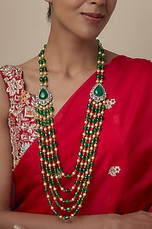 Gold Finish Moissanite & Green Pearl Beaded Long Necklace Set