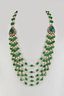 Gold Finish Moissanite & Green Pearl Beaded Long Necklace Set