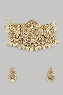 Gold Finish Kundan Polki & Pearl Beaded Choker Necklace Set