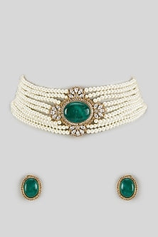 Gold Finish Emerald Stone & Pearl Choker Necklace Set