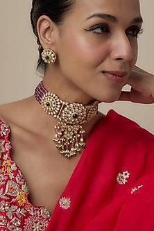 Gold Finish Kundan Polki & Emerald Choker Necklace Set