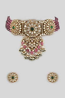 Gold Finish Kundan Polki & Emerald Choker Necklace Set