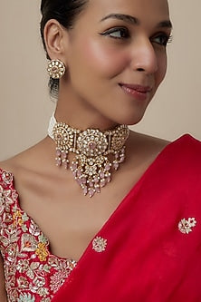 Gold Finish Kundan Polki & Rose Quartz Stone Choker Necklace Set