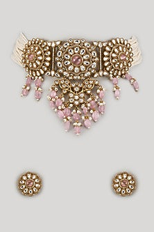 Gold Finish Kundan Polki & Rose Quartz Stone Choker Necklace Set