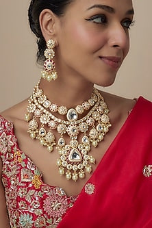 Gold Finish Ruby & Pearl Beaded Long Necklace Set