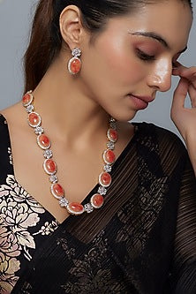 Gold Finish Orange Moonstone & Zircon Long Necklace Set