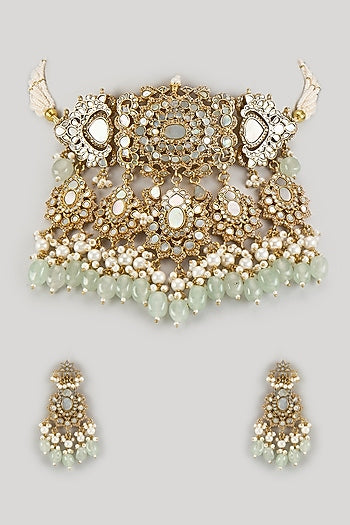 Gold Finish Mother Of Pearl & Blue Beaded Choker Necklace Set