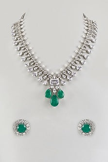 White Finish Emerald & Zircon Long Necklace Set