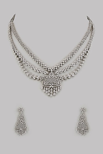 White Finish Moissanite & Zircon Long Necklace Set