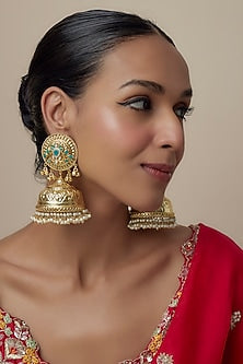 Gold Finish Kundan Polki & Blue Howlite Stone Dangler Earrings