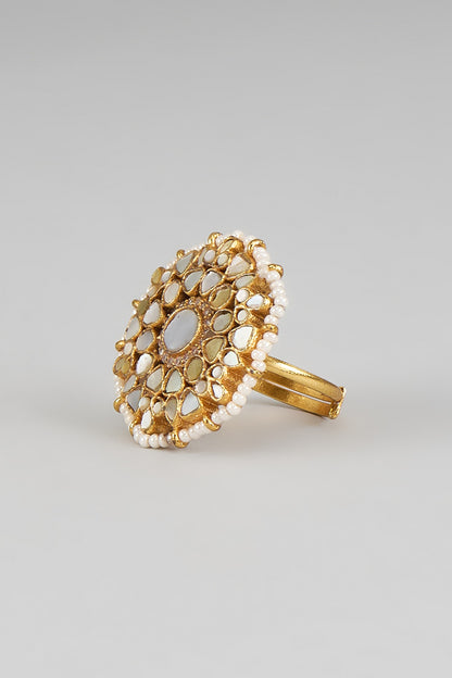 Gold Finish Zircon & Pearl Ring
