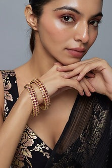 Gold Finish Kundan Polki & Ruby Stone Bangles (Set Of 2)