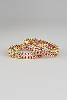 Gold Finish Kundan Polki & Ruby Stone Bangles (Set Of 2)