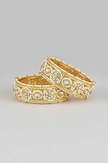 Gold Finish Kundan Polki & Pearl Bangles (Set Of 2)