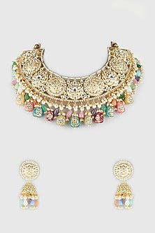 Gold Finish Kundan Polki Meenakari Choker Necklace Set