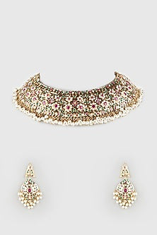 Gold Finish Pearl Choker Necklace Set