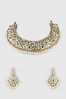 Gold Finish Emerald Jadau Stone Choker Necklace Set