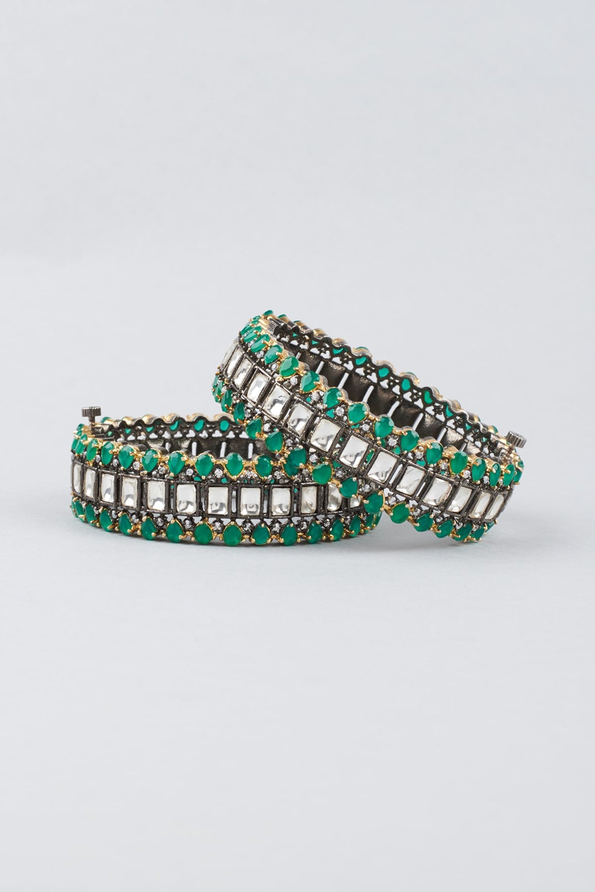 Two Tone Finish Emerald Stone & Kundan Polki Kadas (Set Of 2)