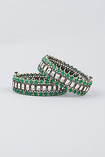 Two Tone Finish Emerald Stone & Kundan Polki Kadas (Set Of 2)