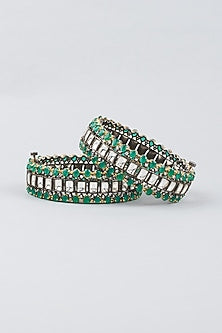 Two Tone Finish Emerald Stone & Kundan Polki Kadas (Set Of 2)