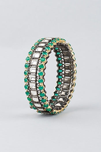 Two Tone Finish Emerald Stone & Kundan Polki Kadas (Set Of 2)