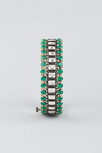 Two Tone Finish Emerald Stone & Kundan Polki Kadas (Set Of 2)