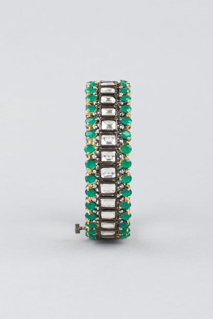 Two Tone Finish Emerald Stone & Kundan Polki Kadas (Set Of 2)