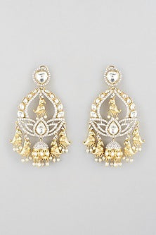 Gold Finish Faux Diamond Chandbali Jhumkas With Pearls