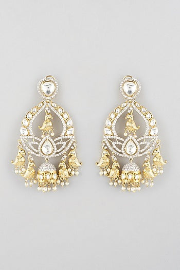 Gold Finish Faux Diamond Chandbali Jhumkas With Pearls