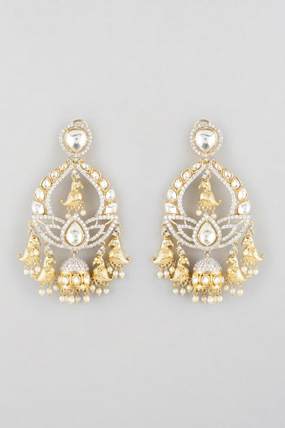 Gold Finish Faux Diamond Chandbali Jhumkas With Pearls