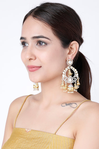 Gold Finish Faux Diamond Chandbali Jhumkas With Pearls