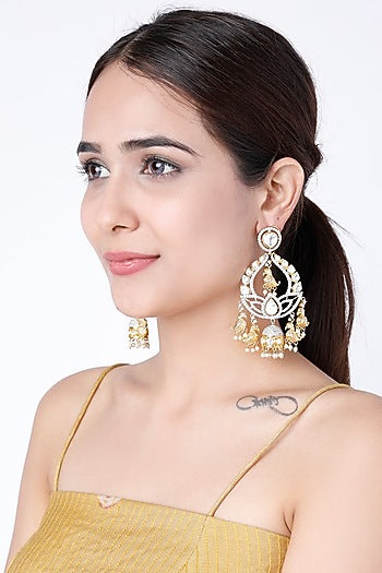 Gold Finish Faux Diamond Chandbali Jhumkas With Pearls
