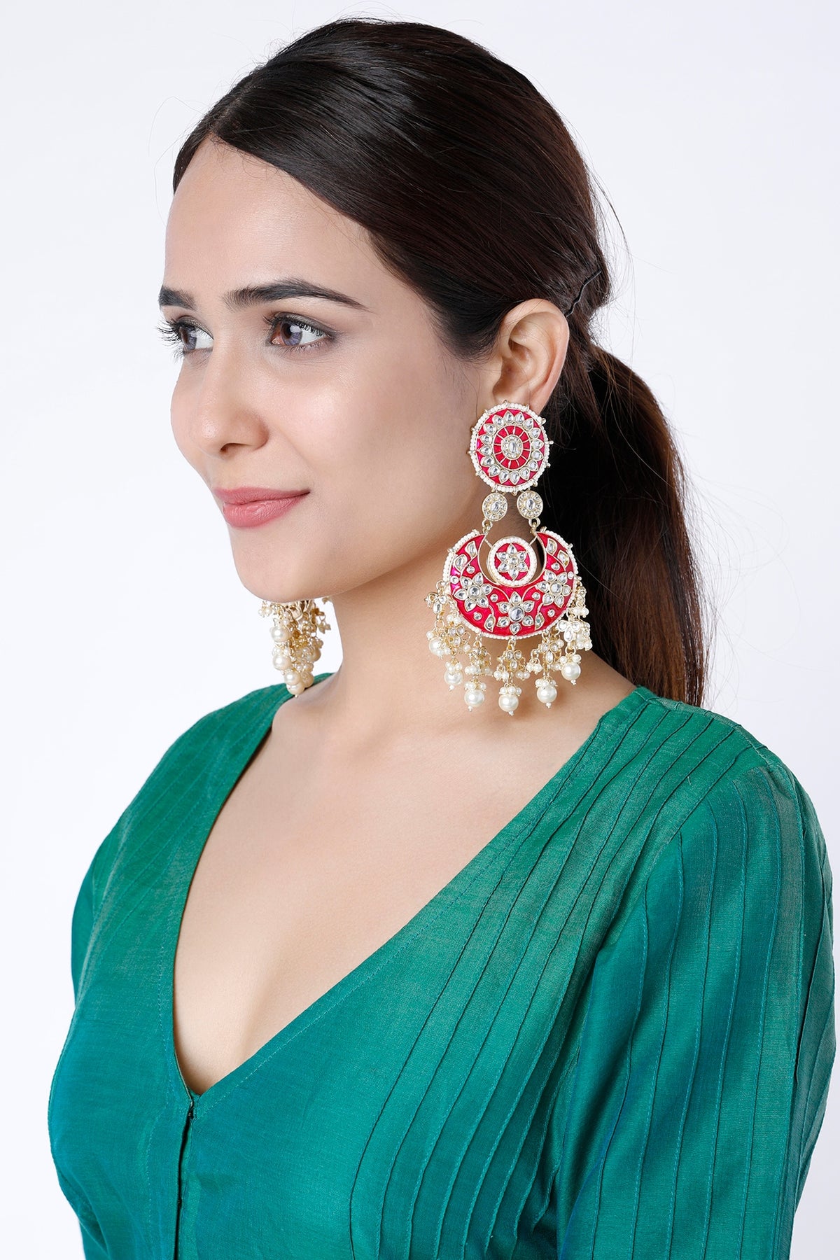 Gold Finish Meenakari Chandbali Earrings