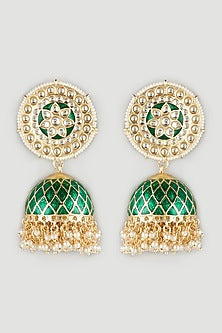 Gold Finish Pearl Meenakari Jhumkas