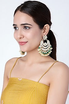 Gold Finish Kundan Polki Meenakari Chandbali Earrings