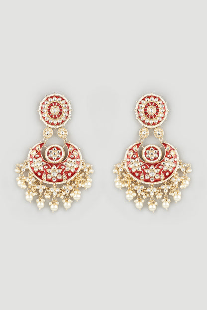 Gold Finish Maroon Glass & Pearl Chandbali Earrings