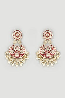 Gold Finish Maroon Glass & Pearl Chandbali Earrings