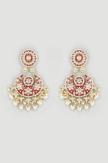 Gold Finish Maroon Glass & Pearl Chandbali Earrings