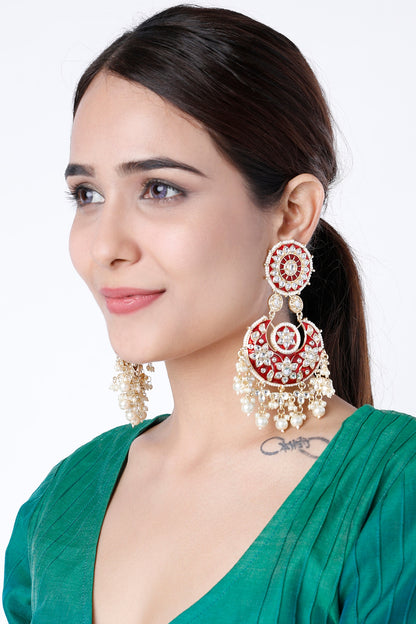 Gold Finish Maroon Glass & Pearl Chandbali Earrings