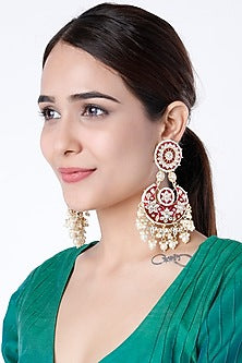 Gold Finish Maroon Glass & Pearl Chandbali Earrings