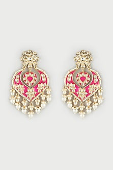 Gold Finish Pearl & Kundan Polki Meenakari Earrings