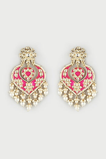 Gold Finish Pearl & Kundan Polki Meenakari Earrings