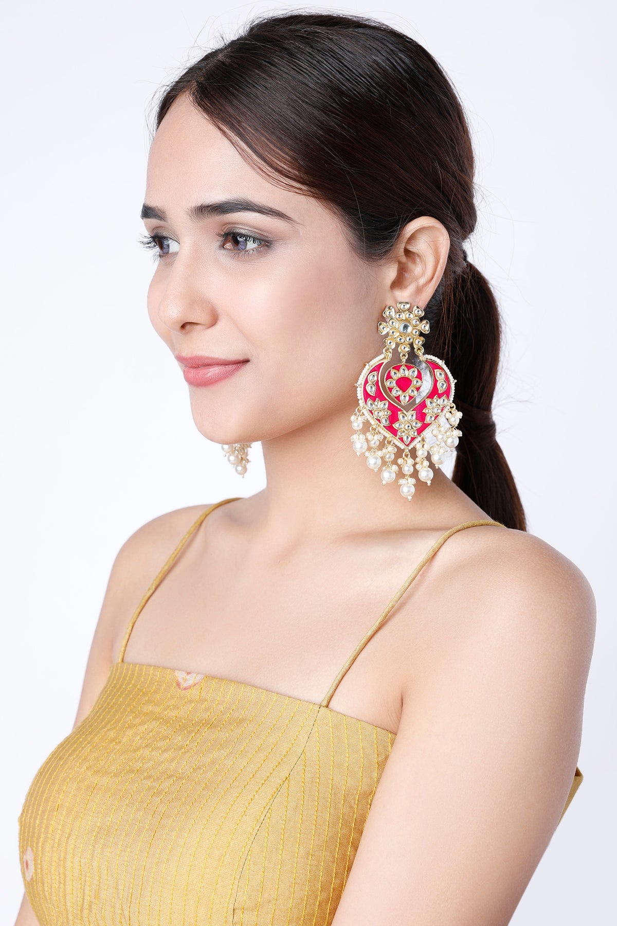 Gold Finish Pearl & Kundan Polki Meenakari Earrings