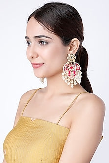 Gold Finish Pearl & Kundan Polki Meenakari Earrings