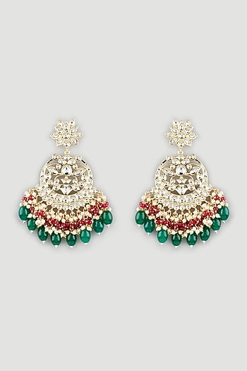 Gold Finish Green Beaded Chandbali Earrings