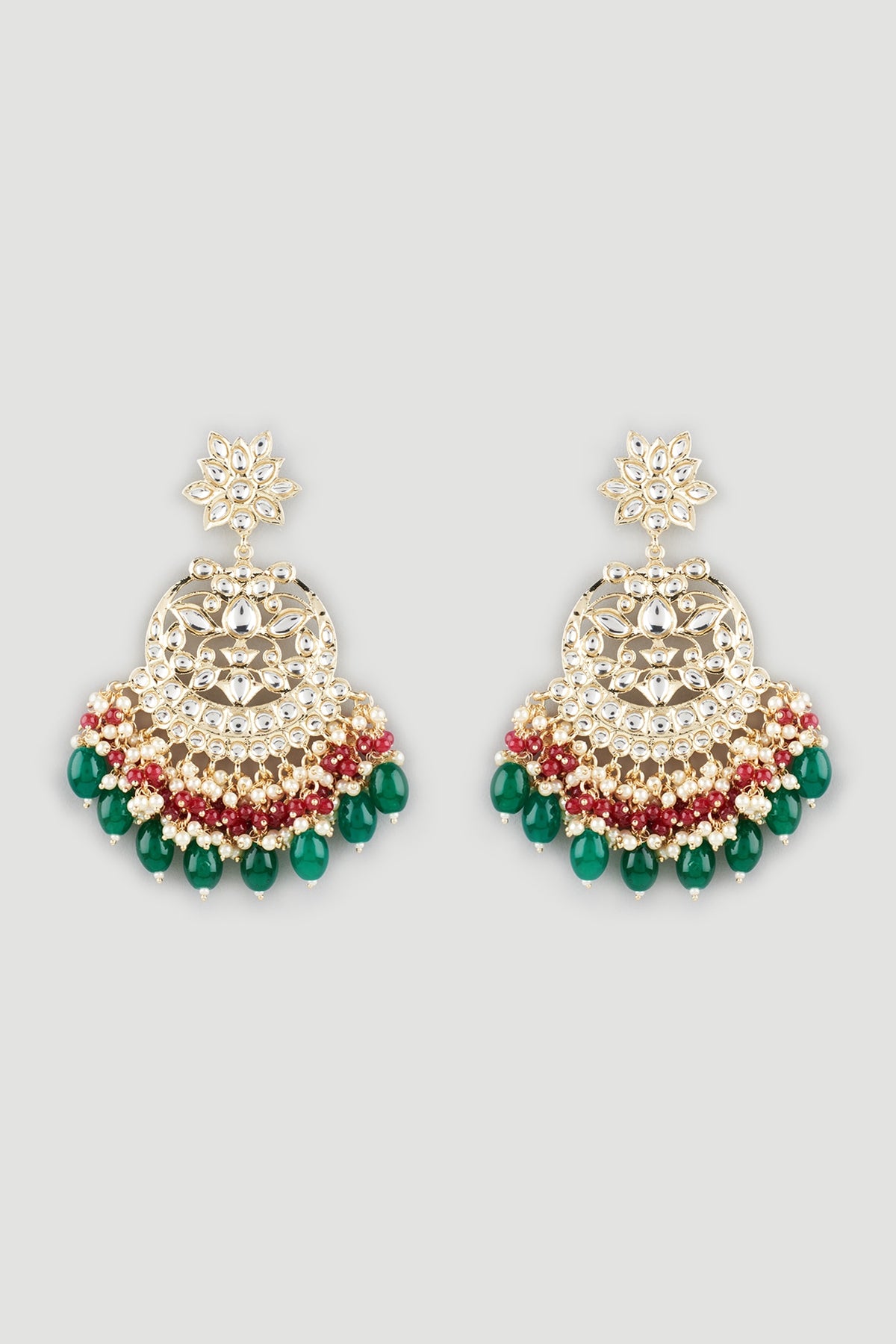 Gold Finish Green Beaded Chandbali Earrings