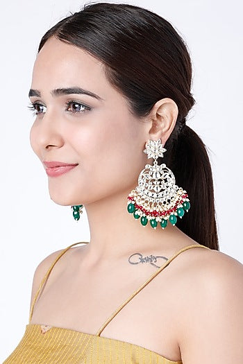 Gold Finish Green Beaded Chandbali Earrings