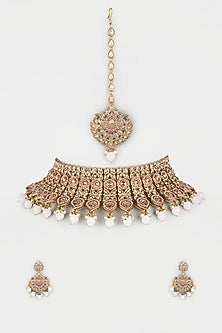Gold Finish Pink Beaded Choker Necklace Set